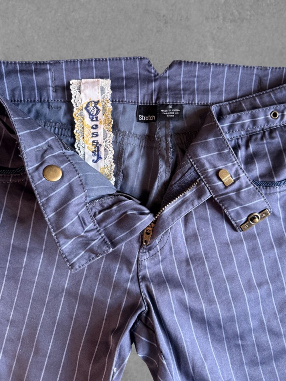 Vintage Guess Low Rise Pinstripe Stretch Pants in Slate Blue (Size 26)